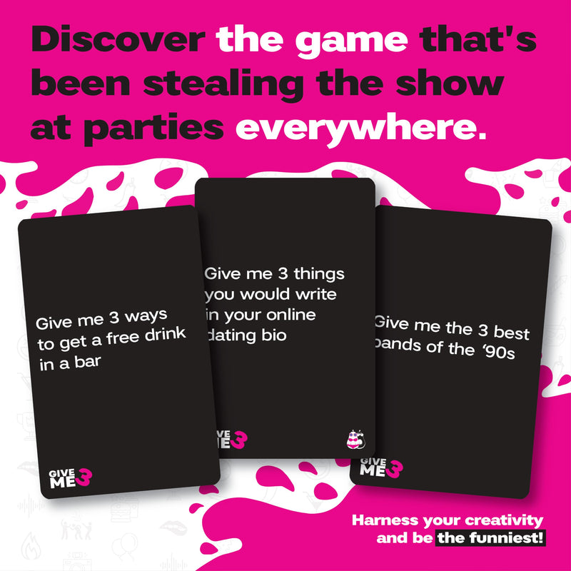 GIVE ME 3 - Fast Paced and Hilarious Adult Party Games | 2+ players | 10 Second Rule Games for Adults | Card Game for Adults