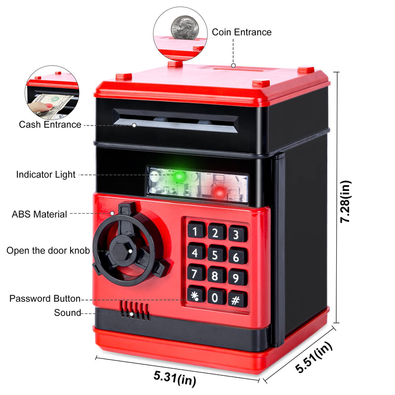 Highttoy Piggy Bank for Kids, Electronic Money Box for Kids ATM Savings Bank Password Safe Birthday Gifts for 3-12 Year Old Boys Girls Cash Coin Saving Bank for Kids Red - Gift Guide