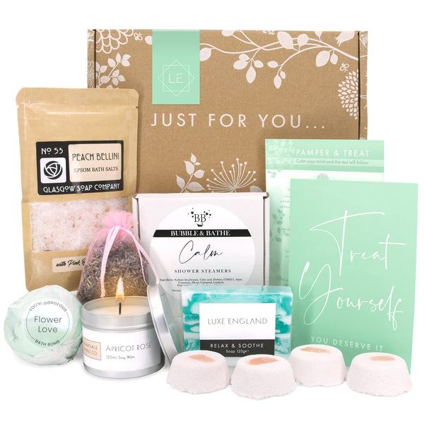 PAMPER & TREAT Gift Hampers For Women - All Occasion Gifts for Her Handmade in the UK by 6 Small Businesses: Shower Steamers, Candle, Bath Bomb & More - Best Gift Ideas for Women by Luxe England