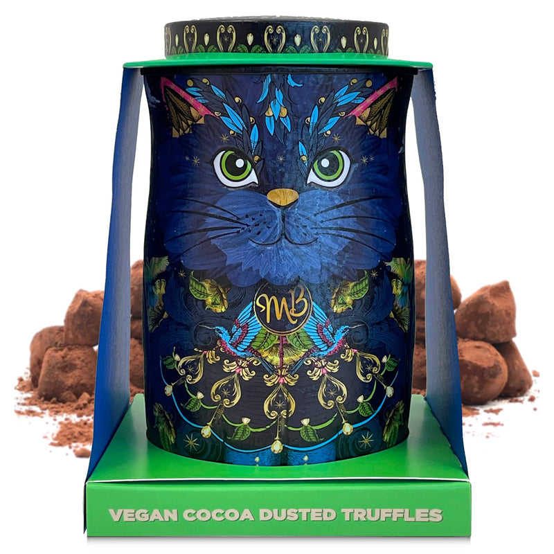 Monty Bojangles Midnight Prince Vegan Cocoa Dusted Truffles Cat Tin (135g) - Cocoa Nib Night Flavoured Luxury Vegan Dark Chocolatey Truffles - Collectable Cat Tin Chocolate Gift With Bespoke Design - Gift Guide