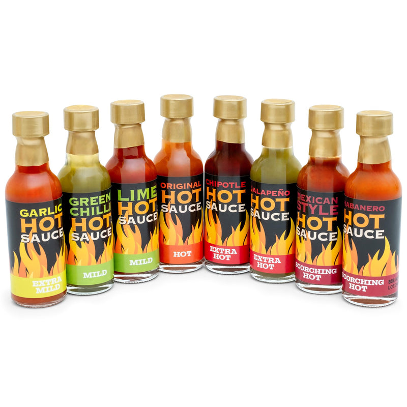 Hot Sauce Gift Set - Chilli Sauce Selection 8 Pack Including Sriracha, Tabasco, Naga and More Spicy Challenge Food Gifts for Men, Unique Mens Gift Set, Boyfriend, Dad Gifts for Birthday, Fathers Day - Gift Guide