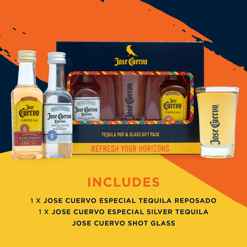 Tequila Gift Set - Jose Cuervo Tequila Gifts, 2x 5cl Jose Cuervo Reposado 38%, Jose Cuervo Silver 40%, Miniature Alcohol Bottles, 1 Official Spirit Shot Glass - Mini Birthday Gifts for Men, Women