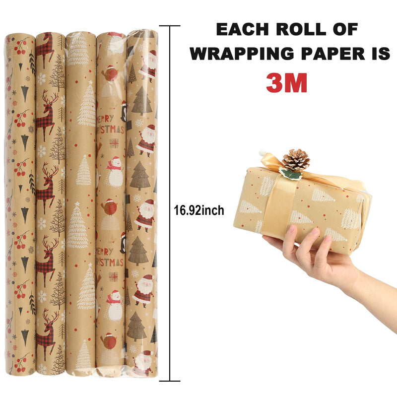 EDWINENE Christmas Wrapping Paper - 5x 3M Roll Christmas Wrapping Paper Gift Roll for Gift Boxes Gift Wrapping Christmas Decoration (43 x 15M) (Natual Kraft) - Gift Guide