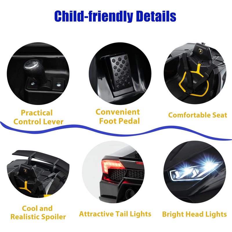 GYMAX Kids Electric Ride on Car, 12V Licensed Lamborghini Battery Powered Toy Vehicle with Remote Control, MP3, USB Port, Music, LED Light & Horn, Children Electric Car for 3+ Years Old (Black)