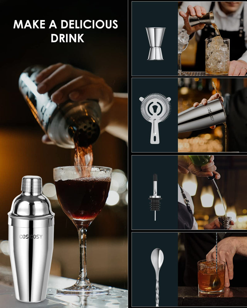 Cocktail Making Set, Cosicosy Cocktail Shaker Set 7 Pcs Professional Stainless Steel Cocktail Accessories Set with Recipes and Bar Accessories for Home Bars and Outdoor Events