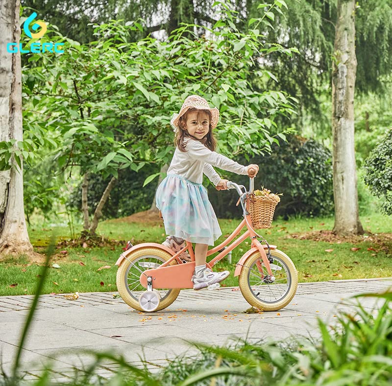 Glerc 12 Inch Kids Girls Bike for 3 4 5 Years Old Little Girls Retro Vintage Style Bicycles with Basket,Stabilisers and Bell,Peach