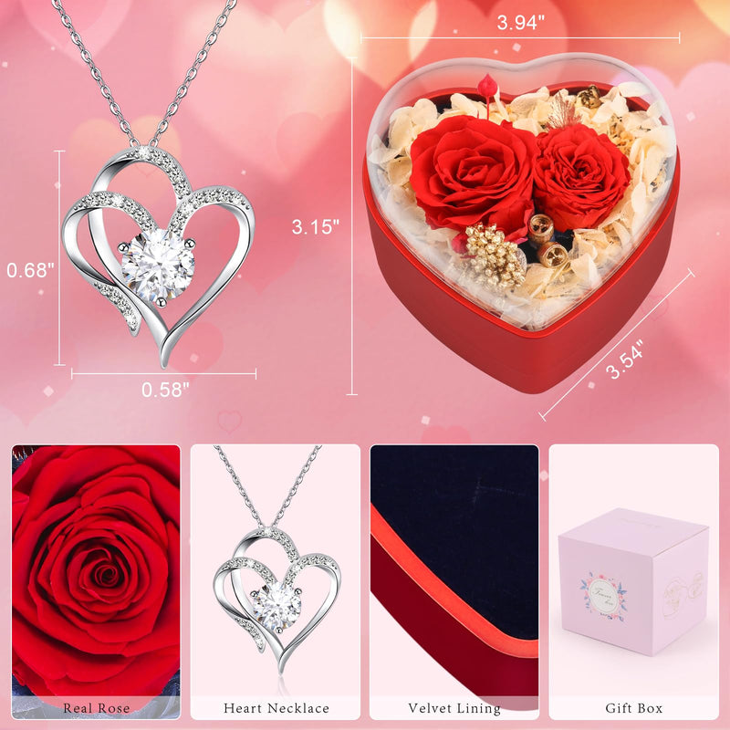 Beferr Christmas Eternal Flowers Rose Gifts for Women Mum Grandma Rose Birthday Gifts for Mum-Preserved Real Rose with Necklace Gifts Idea on Christmas Thanksgiving Valentine's Day Anniversary Red