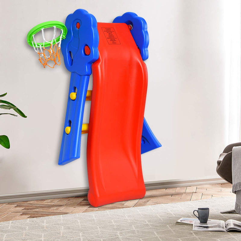 COSTWAY Folding First Slide for Kids | Toddlers | Children, Foldable for Easy Storage, Primary Climb Toy, Safety Plastic, Use for Indoor Outdoor Garden Playground (Slide with Basketball Hoop)