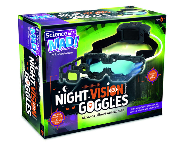 Science MAD! Night Vision Goggles For Kids - For Fun Night Missions - Lightweight, Flip Out Scope, 2x Magnification, Twin LED Beams, Blue Lenses, 6+ Years, ‎20 x 10 x 5.5 cm (SM55) , Black - Gift Guide