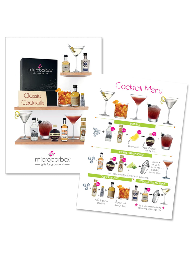 MicroBarBox Classic Cocktail Gift Set in a Premium Luxury Gift Box | Features: Old Fashioned, Chambord Daiquiri, Gin Martini, Bramble, Vodka Martini