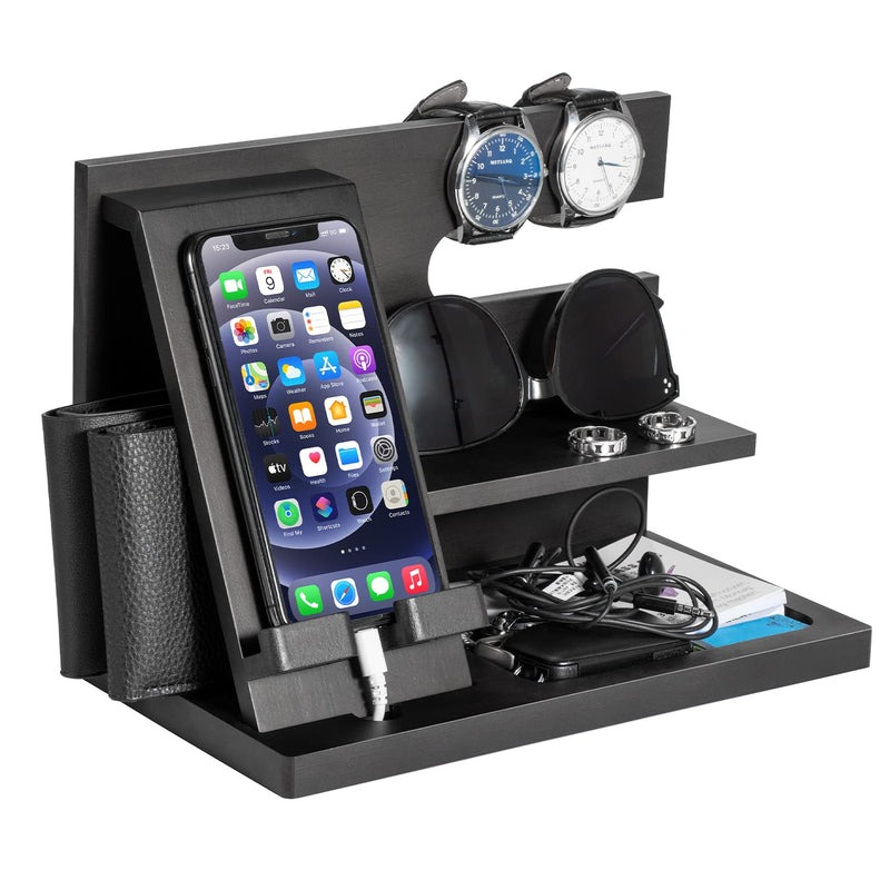 Birthday Gifts for Men Christmas Wood Phone Docking Station Bedside Table Organiser for Him Gifts for Dad Mens Gifts for Christmas Husband Dad Gifts Xmas Presents for Men Bedside Gadget Organiser