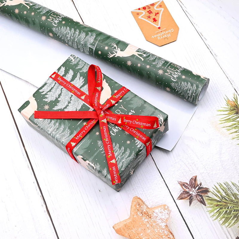 43cm*10m Green Christmas Wrapping Paper Roll Printed With Tree and Elk, Topeedy Recyclable Xmas Wrapping Paper for Christmas Party Gift Boxes Packing-tree - Gift Guide