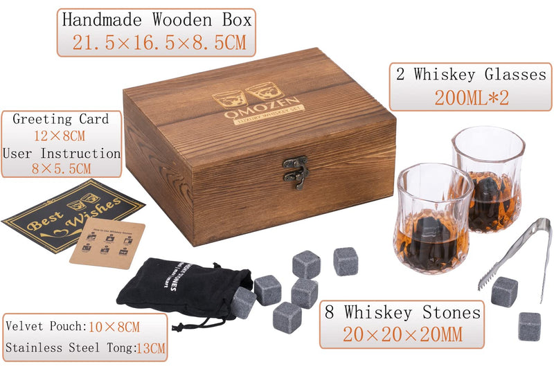 Whiskey Stones and Whisky glasses Gift Set for Men - 8 Whiskey Chilling Rocks - 2 Whiskey Scotch Bourbon Glasses - Christmas Fathers Day Present Gift for Him Boyfriend Dad Husband