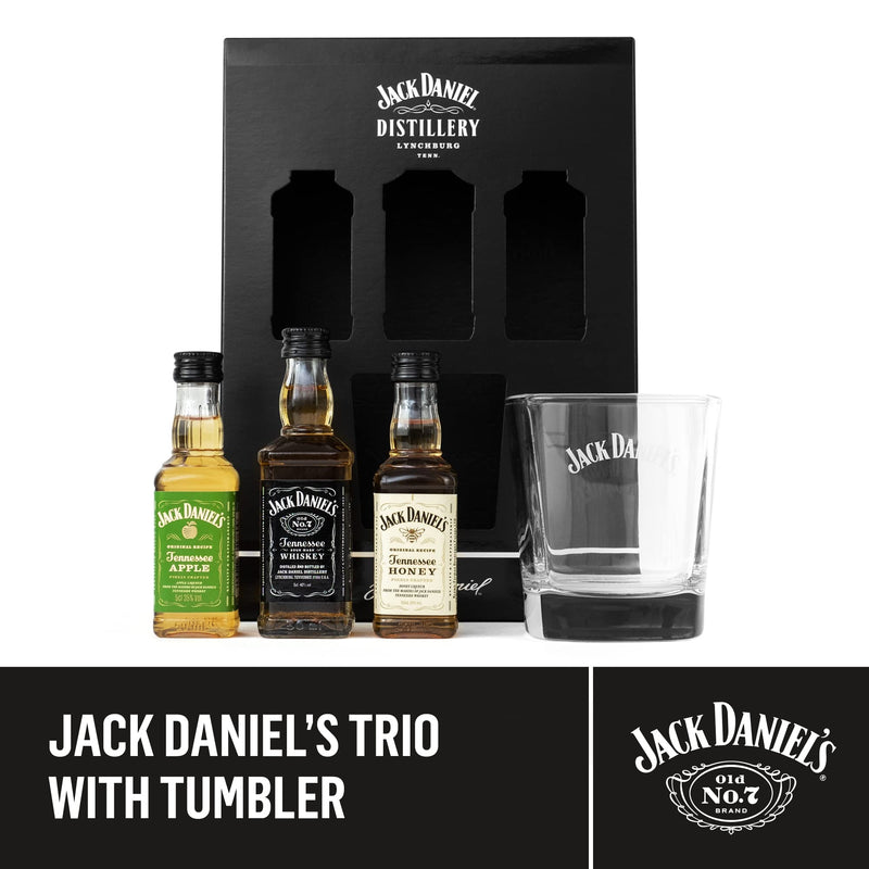 Jack Daniels Gift Set - Jack Daniels Whiskey 3x 5cl Honey, Apple, JD Whisky Old No7 Alcohol Miniatures, JD Tennessee Whiskey Glass - Birthday Gifts for Men, Boyfriend, Mens Valentines Gifts for Him