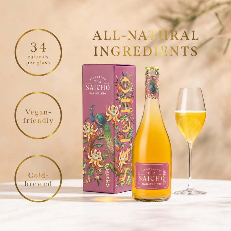 Saicho | Luxurious Non-Alcoholic Darjeeling Sparkling Tea - Notes of Mandarin, Ginger, Wood Spice & Dry Tannins - 750ml Bottle - Gift box included
