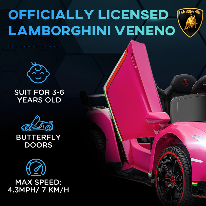 HOMCOM Lamborghini Veneno Licensed 12V Kids Electric Ride On Car with Butterfly Doors, Powered Electric Car with Remote, Music, Horn, Suspension for Ages 3-6 Years - Pink