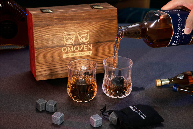 Whiskey Stones and Whisky glasses Gift Set for Men - 8 Whiskey Chilling Rocks - 2 Whiskey Scotch Bourbon Glasses - Christmas Fathers Day Present Gift for Him Boyfriend Dad Husband