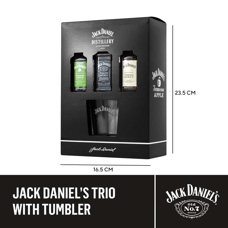 Jack Daniels Gift Set - Jack Daniels Whiskey 3x 5cl Honey, Apple, JD Whisky Old No7 Alcohol Miniatures, JD Tennessee Whiskey Glass - Birthday Gifts for Men, Boyfriend, Mens Valentines Gifts for Him