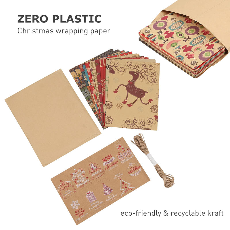 Christmas Wrapping Paper, 12 Pack Recyclable Kraft Paper 70x50CM in Folded Sheets with 10 Unique Designs (Bonus 16 Feet Jute String and 10 Tags) - Gift Guide