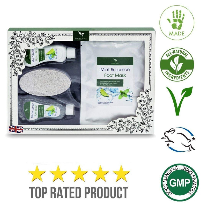 Foot Spa Gift Sets - Foot Care Pampering Gift Set | Mint and Lemon Foot Scrub, Foot Lotion, Foot Mask, Pumice Stone