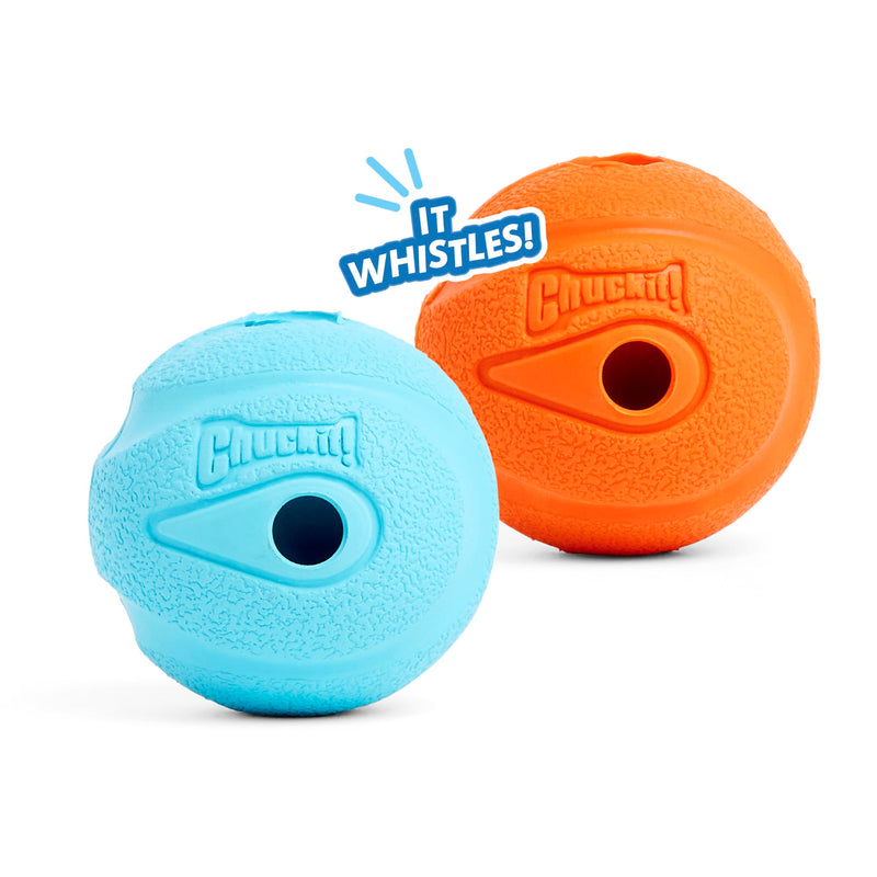 ChuckIt! The Whistler Ball, Durable High Bounce Rubber Dog Ball, Launcher Compatible, Orange & Blue, Medium, 2 Pack - Gift Guide