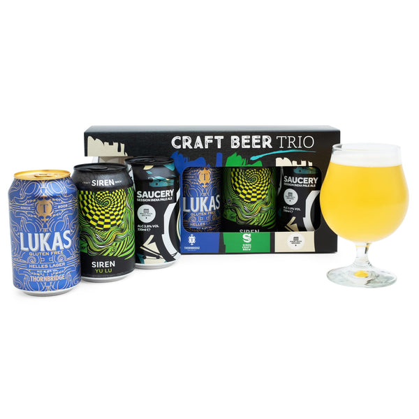 Craft Beer Gifts for Men, Premium Beer Gift Set - 3x 330ml Magic Rock Saucery Session IPA, Yu Lu Session Pale Ale, Lukas Helles Lager & Glass - Alcohol Gift Sets for Men, Dad Birthday Gifts, Christmas