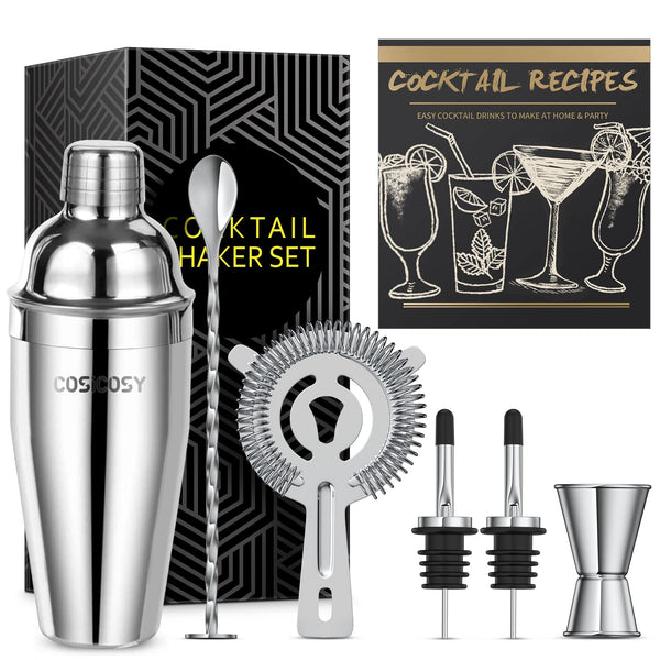 Cocktail Making Set, Cosicosy Cocktail Shaker Set 7 Pcs Professional Stainless Steel Cocktail Accessories Set with Recipes and Bar Accessories for Home Bars and Outdoor Events