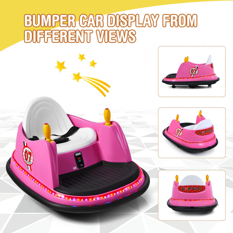 COSTWAY Kids Bumper Car, 360-Degree Rotation Spin Children’s Waltzer Cars with Joystick, Remote Control, Colorful Flashing Lights and Music, Battery Powered Ride on Toy for Boys Girls (Pink)