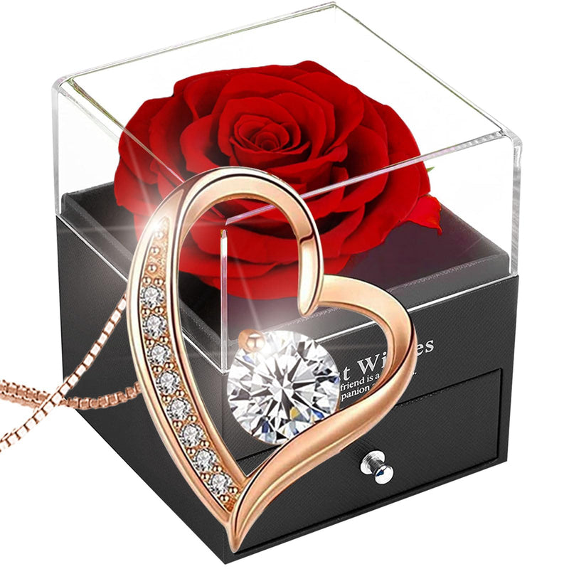 SWEETIME Eternal Rose Gift Box Preserved Rose with Necklace,Forever Red Rose with 925 Sterling Silver Heart Necklace,Mothers Day Gift,Enchanted Real Flower Box for Her on Valentine's Day Anniversary