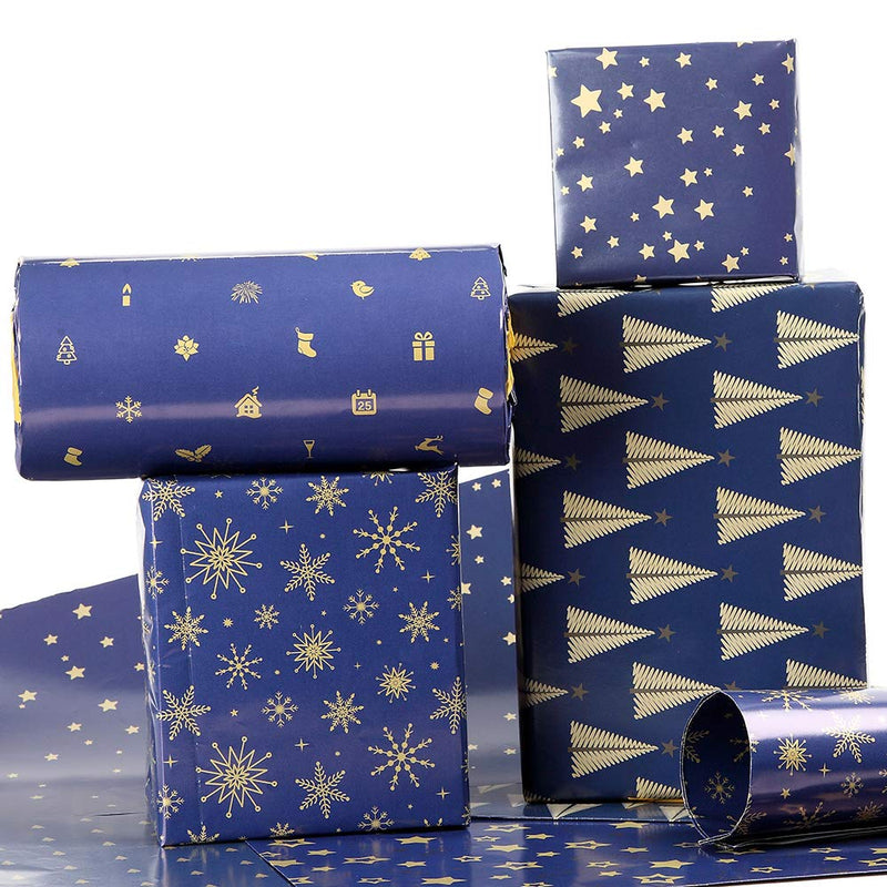 OTMVicor Roll Package Christmas Wrapping Paper, Recyclable 10 Roll Navy Blue and Gold Design Wrapping Paper for Xmas Gift Wrapping Party Decoration - Gift Guide