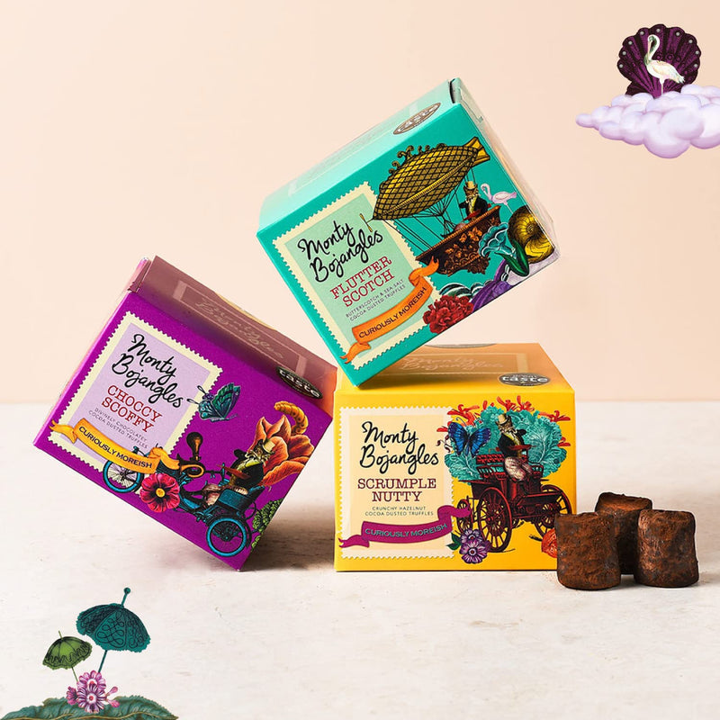 Monty Bojangles Cocoa Dusted Truffles Gift Tower (3 x 100g Pack) - 3 Luxury Chocolate Truffle Boxes - Choccy Scoffy, Scrumple Nutty & Flutter Scotch - The Perfect Chocolate Gift Box Selection - Gift Guide