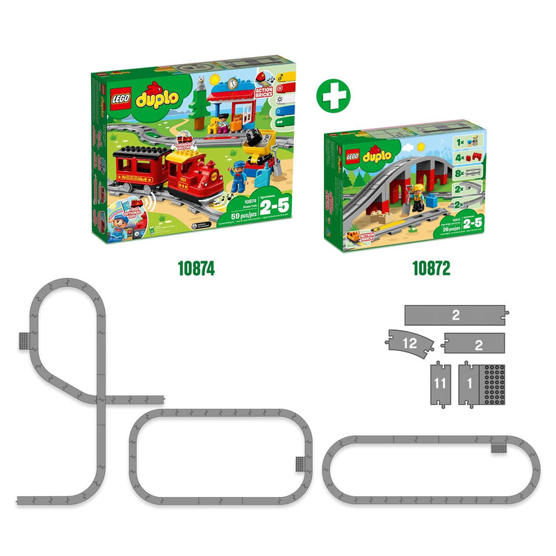 LEGO DUPLO Town Train Bridge and Tracks Toy for Kids, Building Bricks Set with Horn Sound Action Brick, Trains Rails Extension Set 10872