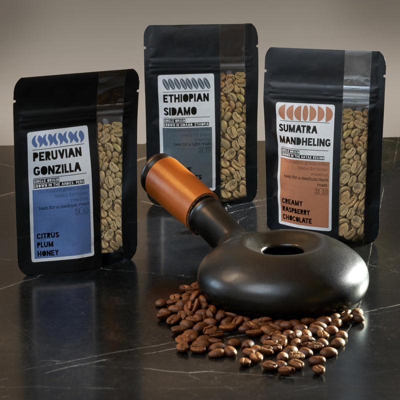 Roast Your Own Coffee Gift Set for Coffee Lovers - includes artisan Roasting Pan Green Coffee Beans How to Guide Light Medium Dark Level - Gift Guide