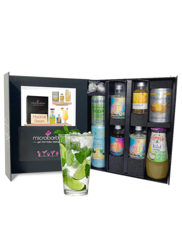 MicroBarBox Mocktail Dream Gift Set in a Premium Luxury Gift Box | Non Alcoholic Gift Set Features: Virgin Coconut Mojito, Virgin Pina Colada, Forest Ginger Spritz, Dark and Stormy