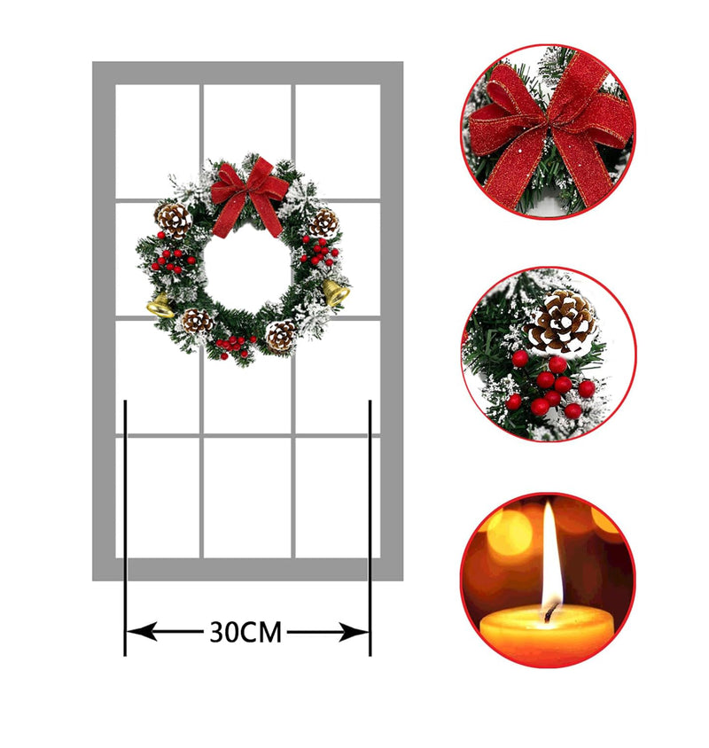 Christmas Door Wreath, 30cm Christmas Wreaths for Front Door, Christmas Decoration Door Wreath With Bow, Bell, Pine Cone (White+Green) - Gift Guide