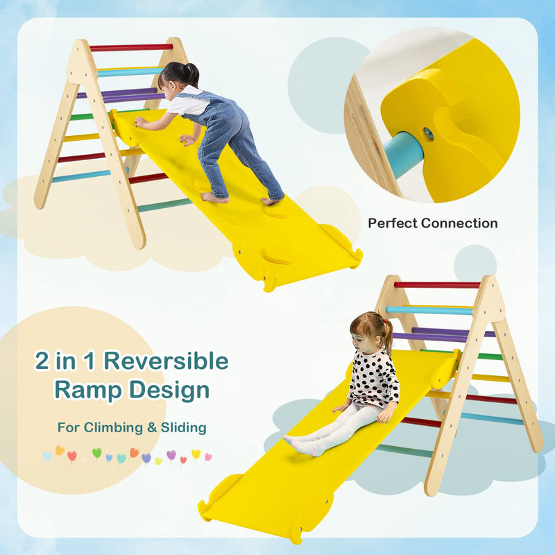 COSTWAY Toddler Climbing Frame, Kids Wooden Montessori Triangle Climber with Double Sided Ramp, Indoor Play Gym for Boys Girls (Multicolor)