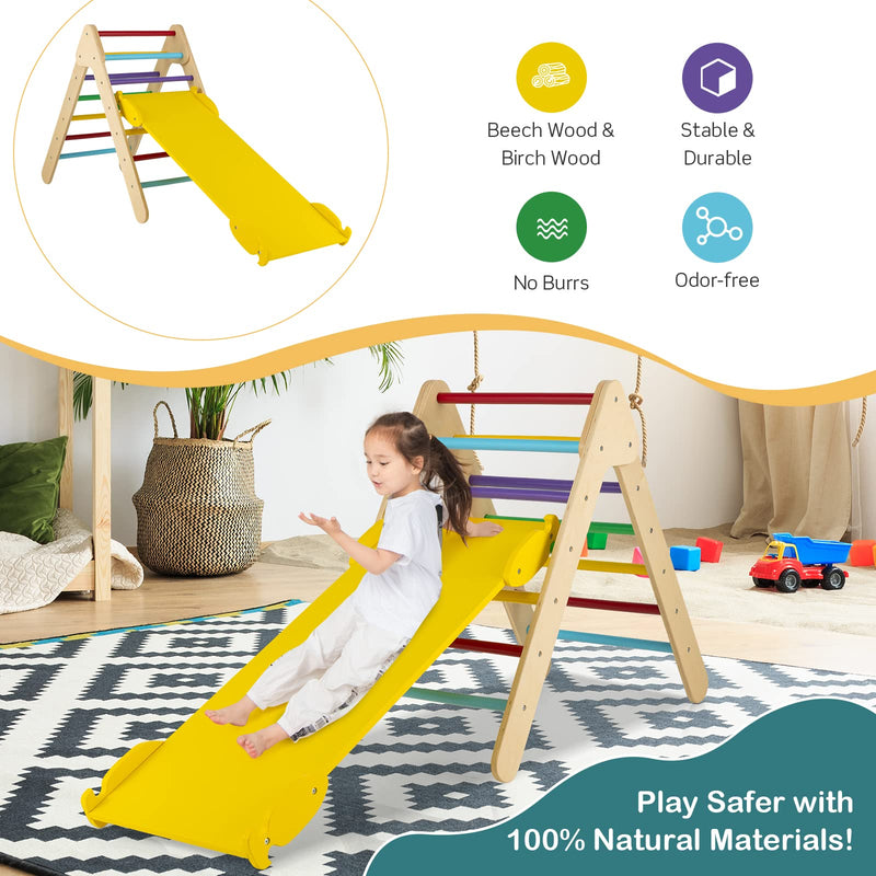 COSTWAY Toddler Climbing Frame, Kids Wooden Montessori Triangle Climber with Double Sided Ramp, Indoor Play Gym for Boys Girls (Multicolor)