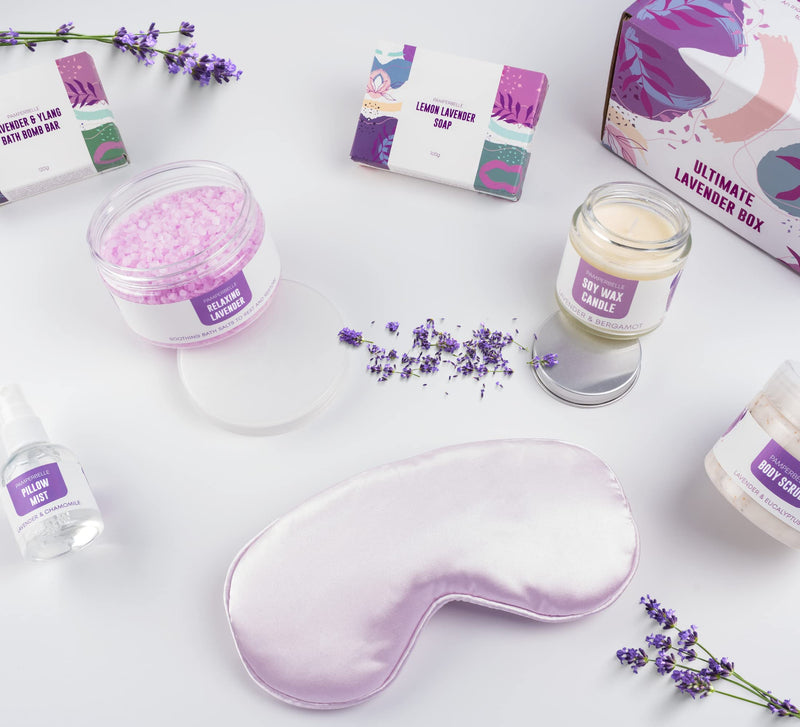 Pamper Gift Set for Women, Lavender Relaxation Care Package - 7pc Bath Set with Bath Salts, Soap and Body Scrub. Great Spa Hamper for Mothers Day, New Mum, Birthday or Best Friend