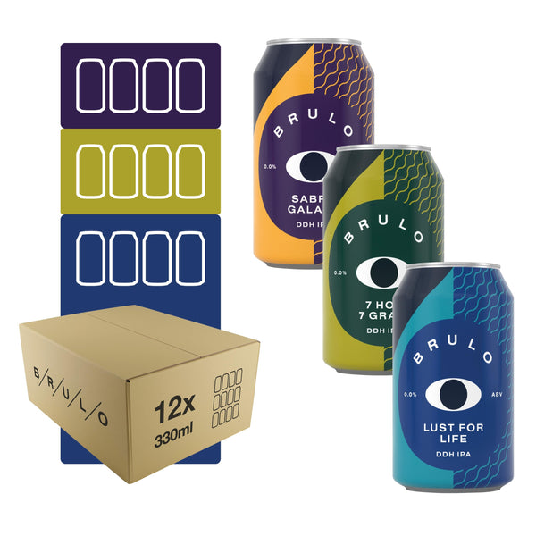 Brulo Non-Alcoholic Beer, 12 Pack Non-Alcoholic Beer - Explore a World of Flavours, Low-Calorie, Vegan, & All-Natural Ingredients. (Mixed IPA)