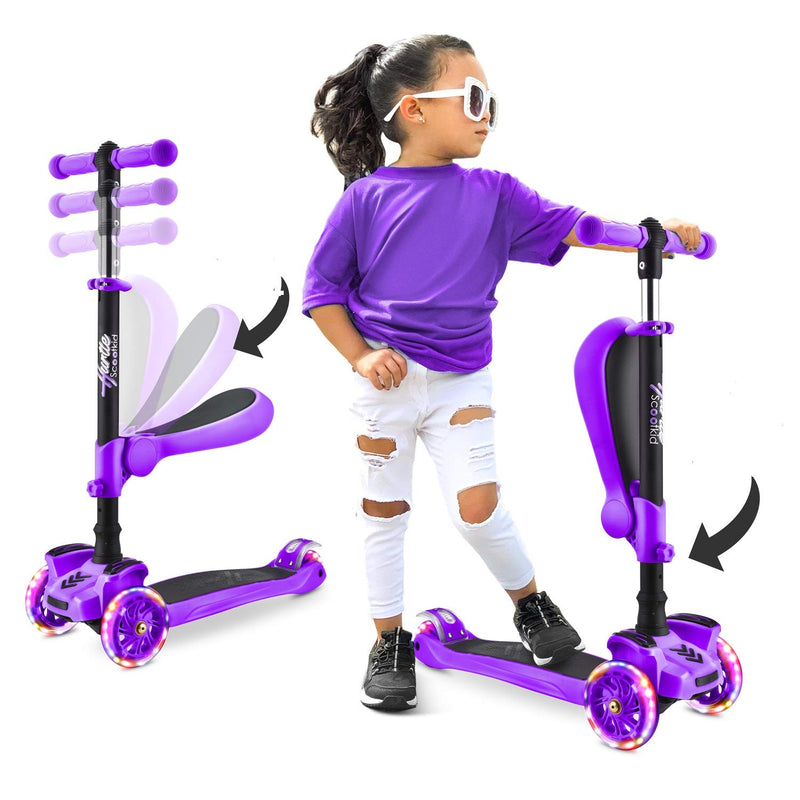 Hurtle, 3 Wheel Try Scooter for Kids - Ages 2-12, Kids Scooter, Boys & Girls Scooter, w/ Flip-able Seat, Scooter for 2+ Year Old, Foldable Kick Toddler Scooter, Flashing Lights, Adjustable Height