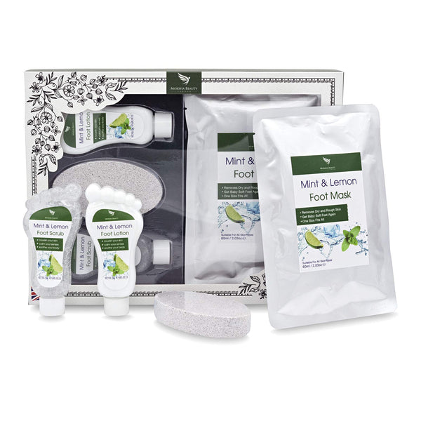 Foot Spa Gift Sets - Foot Care Pampering Gift Set | Mint and Lemon Foot Scrub, Foot Lotion, Foot Mask, Pumice Stone