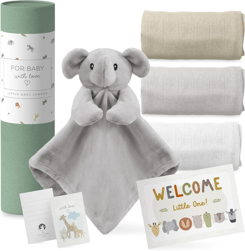 Newborn Baby Unisex Essentials Gift Set from Little Grey London. Includes 100% Cotton Muslins & Plush Elephant Comforter Ready Packed as a Gift Set. A Great Gift for Any Occassion. - Gift Guide