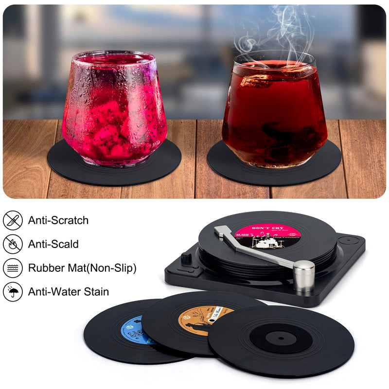 Valdivia Funny Retro Vinyl Record Coasters with Player, Music Coasters Set of 6 for Drinks, Bars, Cafes, Home, Party, Office, Housewarming Gifts for Music Lovers and Birthday Gifts for Men