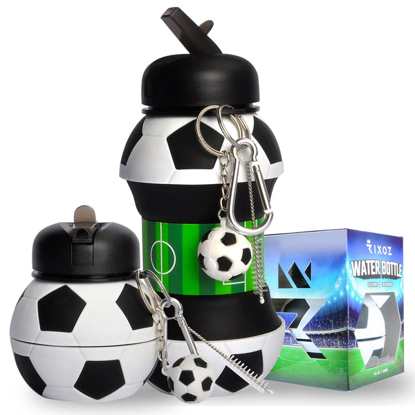 RIXOZ Football Water Bottle - 550ml Silicone Collapsible Football Water Bottle With Football Keyring For Kids - Gift Guide