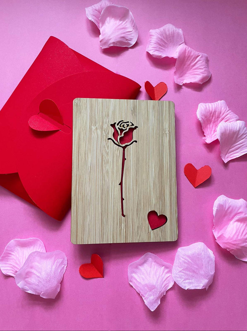 Romantic Red Rose Love Card, Wooden Romantic Card for Valentines Day,Anniversary, Wedding, Birthday, for Her, Him, Wife, Husband, Girlfriend, Boyfriend Gift