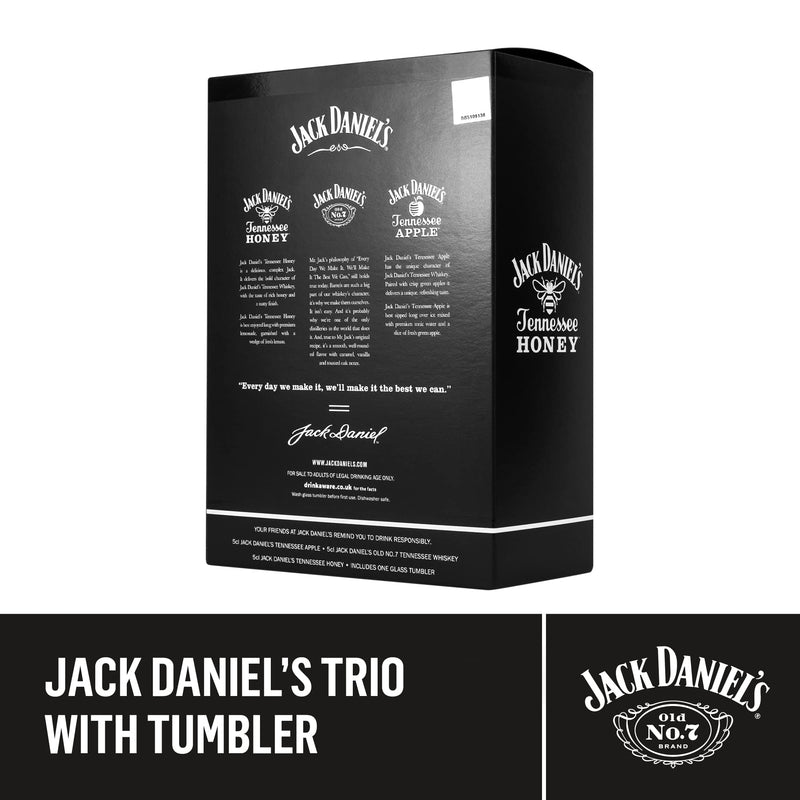 Jack Daniels Gift Set - Jack Daniels Whiskey 3x 5cl Honey, Apple, JD Whisky Old No7 Alcohol Miniatures, JD Tennessee Whiskey Glass - Birthday Gifts for Men, Boyfriend, Mens Valentines Gifts for Him