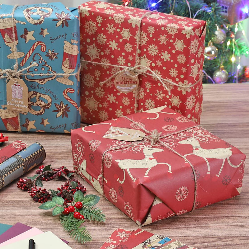 Christmas Wrapping Paper, 12 Pack Recyclable Kraft Paper 70x50CM in Folded Sheets with 10 Unique Designs (Bonus 16 Feet Jute String and 10 Tags) - Gift Guide