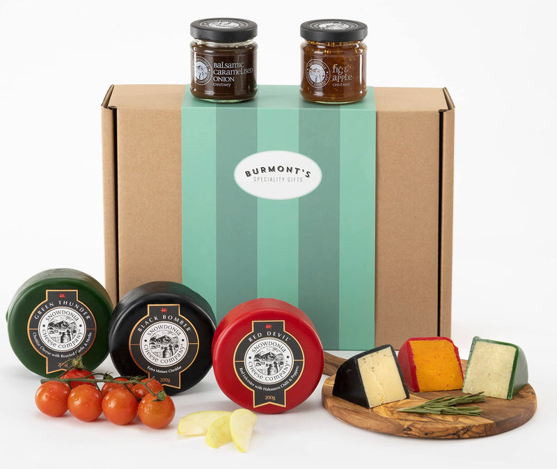 Snowdonia Cheese Company Gift Hamper Containing Three, 200g Truckles - Little Black Bomber, Red Devil & Green Thunder. Also Includes Two Snowdonia Chutneys - Hamper Exclusive To Burmont's - Gift Guide