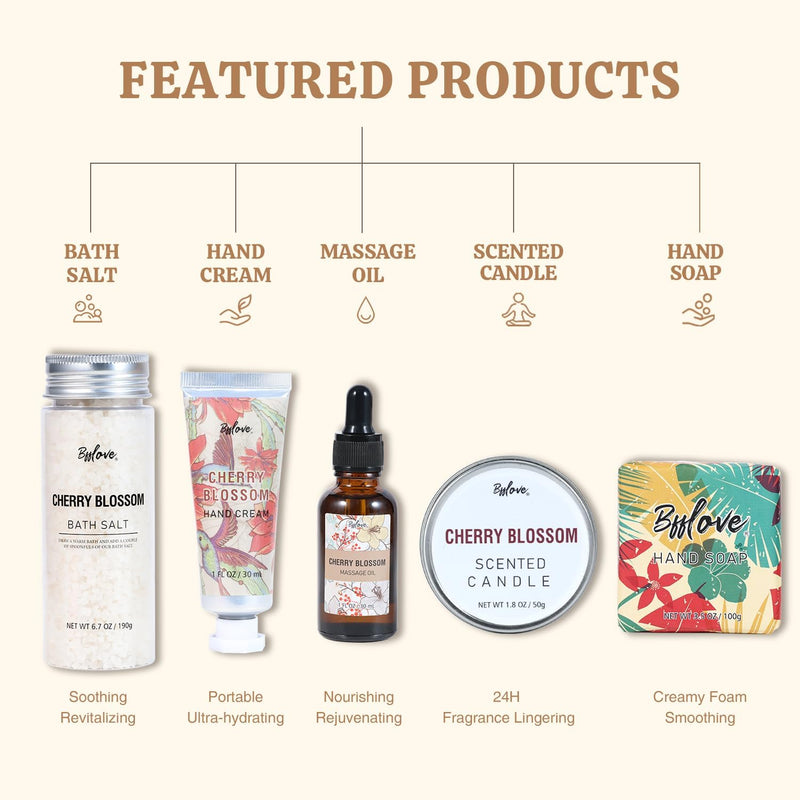 Bath Gift Sets for Women, Spa Gift Set, Care Package for Her, 5Pcs Cherry Blossom Pamper Gifts Spa Gifts for Women with Massage Oil, Scented Candle, Bath Salt, Soap Birthday Gifts Mothers Day Gifts