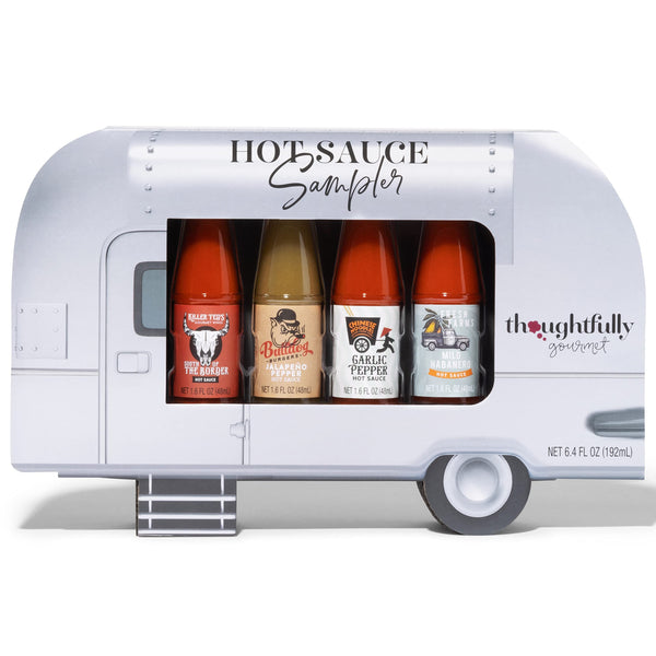 Thoughtfully Gourmet, Air Stream Foodie Finds Hot Sauce Sampler Gift Set, Flavours Include Mild Habanero, Garlic Pepper, Jalapeno Pepper and South of the Border, Set of 4 Flavourful Chilli Hot Sauces - Gift Guide